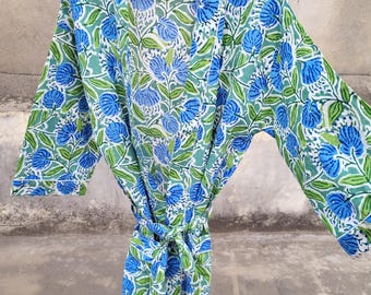 Block Print Cotton Kimono Robe: Lightweight Summer Dressing Gown