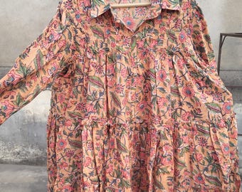 Floral Block Print Cotton Midi Dress: Bohemian Partywear
