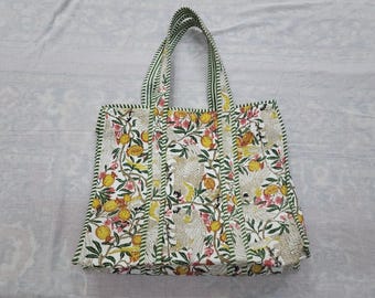 Indian Floral Cotton Tote Bag, Indian Handmade Bag, Shopping Bag, Market Bag, Quilted Bag, Women's Handbag, Picnic Bag
