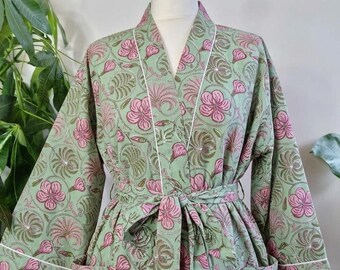 Cotton Block Print Kimono Robe, Boho Floral Beach Cover-up, Bridesmaid Nightwear Cotton Kimono Robe Indian Block Print Loungewear.