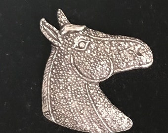 Genuine Pewter, Horse Head Brooch with Etchings, Signed Seagull