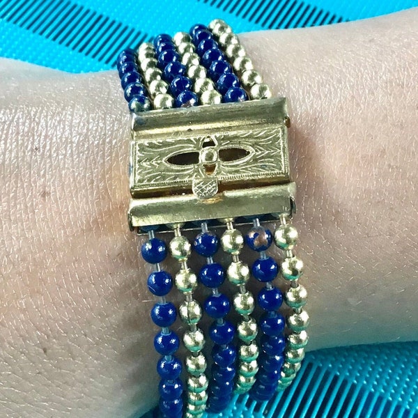 Estate,  Bracelet - Gilded Brass and Dark Blue/Gold Bead Chains, 1940- 1950