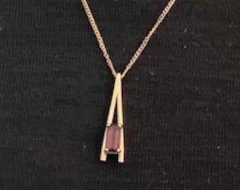 Vintage Avon Necklace, Chain & Pendant, Purple Stone, Gold-tone Chain, Stamped Avon