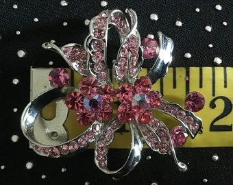 Stunning Pink Crystal Brooch - Studded with Crystals on a Silver-tone Background