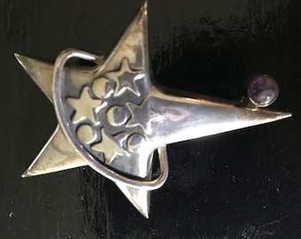 Vintage Sterling Silver, Star Brooch with Amethyst Stone