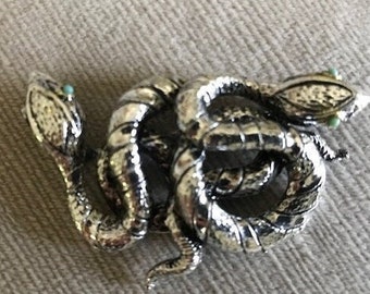 Two Snakes Brooch (entwined and etched), Vintage 90s, Silver Tone