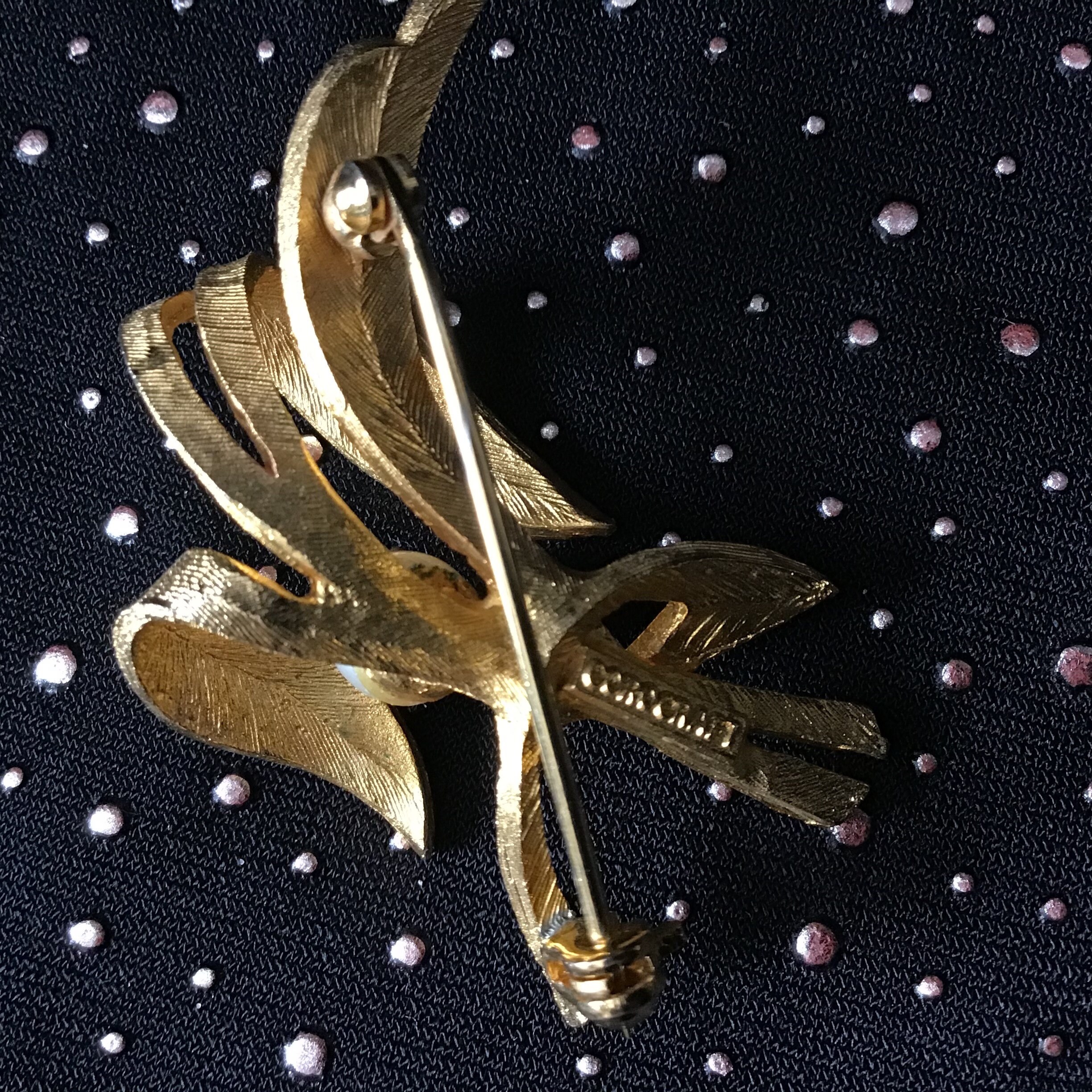 Corocraft Brooch, Gold With Black Marcasites & Central Pearl