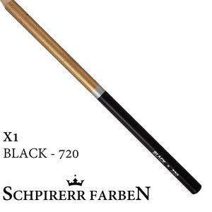 May include: A black and gold pencil with the text "BLACK - 720" printed on the side. The pencil is labeled "X1" and "SCHPIRERR FARBEN" with a crown logo.