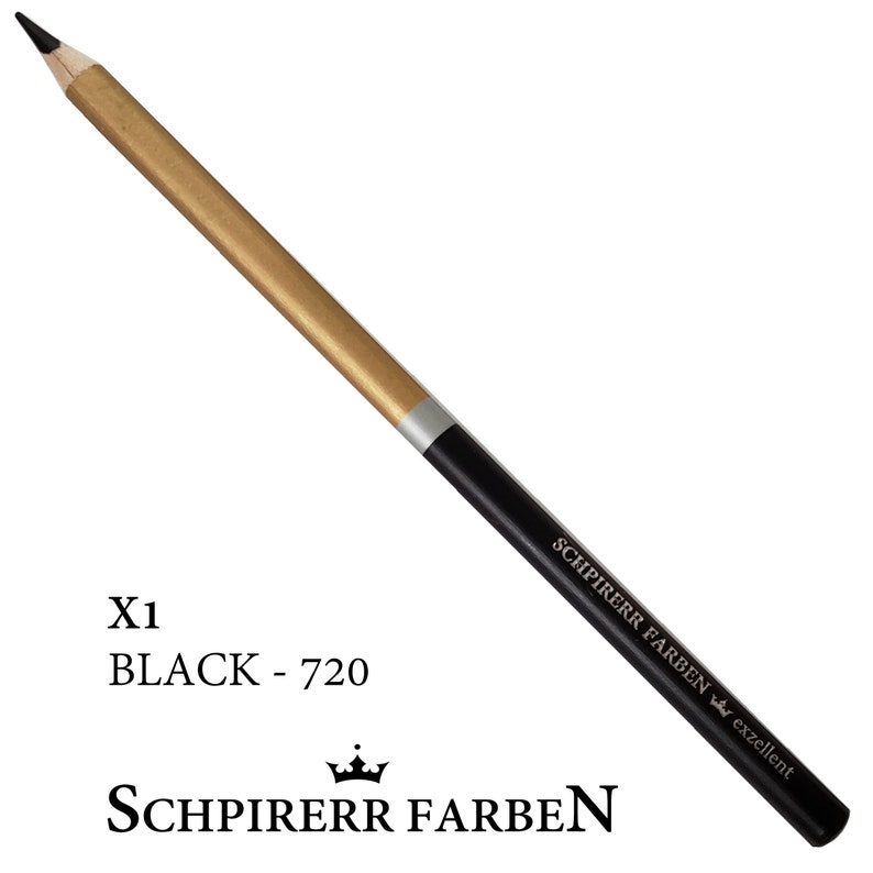 May include: A black pencil with a gold and silver barrel. The pencil is labeled "Schpirerr Farben" and "X1 BLACK - 720".