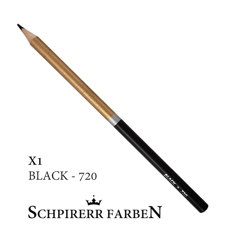 May include: A black and gold pencil with the text "BLACK - 720" printed on the side. The pencil is labeled "X1" and "SCHPIRERR FARBEN" with a crown logo.