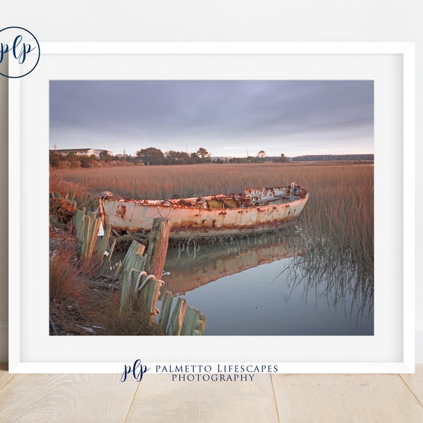 Coastal Retired Crabber | Rusty Crabber, Rusty Boat, Charleston Boat, Folly Beach, Minimalist, Old Boat, Black and White