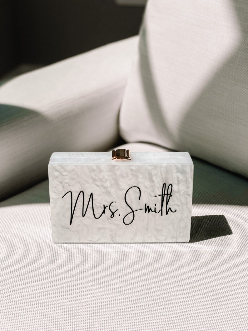 Pearlescent White Clutch - Detachable Chain Strap - Personalized Custom Vinyl Decal Name Monogram - For Wedding Bride Anniversary Gift