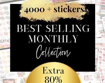 May include: A black and gold graphic with the text "4000+ stickers" and "BEST SELLING MONTHLY Collection". A gold circle with the text "Extra 80% off" is in the lower right corner. The image is surrounded by a collage of colorful stickers.