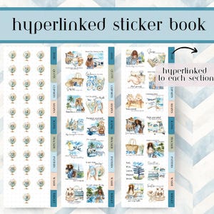 May include: A sticker book with a light blue background and the text "hyperlinked sticker book". The book features travel-themed stickers, including globes, quotes, and icons. The stickers are organized into sections.
