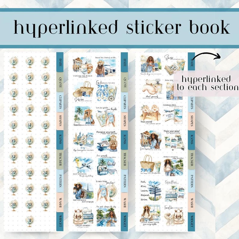 May include: A sticker book with a light blue background and the text "hyperlinked sticker book". The book features travel-themed stickers, including globes, quotes, and icons. The stickers are organized into sections.