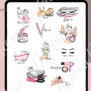 Pegatinas digitales para planificación de belleza, Goodnotes de autocuidado, pegatinas digitales para cortes de pelo, pegatinas digitales para spa, pegatinas para manicura, Goodnotes para relajarse imagen 2