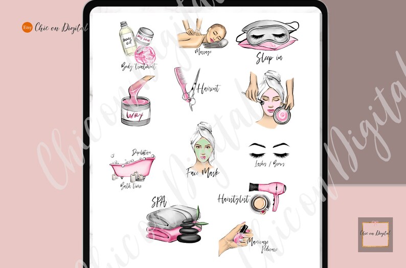 Pegatinas digitales para planificación de belleza, Goodnotes de autocuidado, pegatinas digitales para cortes de pelo, pegatinas digitales para spa, pegatinas para manicura, Goodnotes para relajarse imagen 2