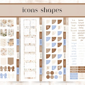 May include: A digital sticker sheet featuring the text icons shapes at the top. It includes various planner elements such as rectangular frames, small quarter-circle icons with line art, decorative bows, and text labels in shades of brown and blue.