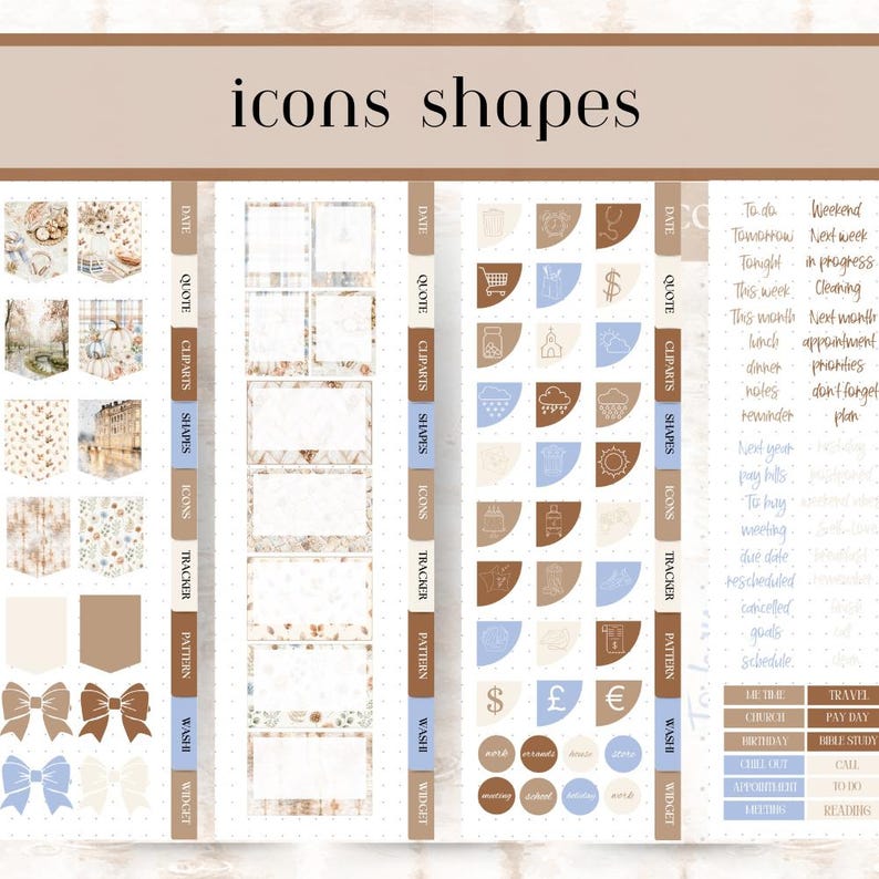 May include: A digital sticker sheet featuring the text icons shapes at the top. It includes various planner elements such as rectangular frames, small quarter-circle icons with line art, decorative bows, and text labels in shades of brown and blue.
