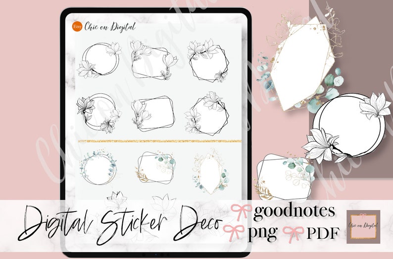 May include: Digital planner stickers with floral and geometric designs. The stickers are in black and white with gold accents. The stickers are for use with Goodnotes and are available in PNG and PDF formats.