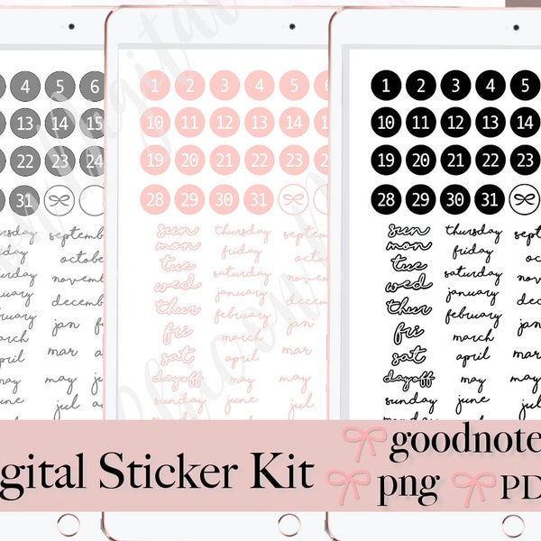 Digital Planner Dates Days Months Stickers, Goodnotes Stickers, iPad stickers, Digital Journal Sticker, PNG Stickers for Goodnotes, Pre-crop