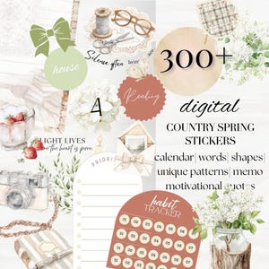 Puede incluir: Un conjunto de pegatinas digitales con temática de primavera campestre. La imagen incluye ilustraciones de acuarela, como flores, una cámara y un rastreador de hábitos. El texto dice "300+ pegatinas digitales de primavera campestre".