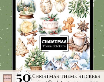May include: Digital Christmas theme stickers displayed on a tablet. The stickers include a snow globe, ornaments, cake, gingerbread man, and a cup of cocoa. The image also includes the text "Christmas Theme Stickers" and "50 Christmas Theme Stickers".