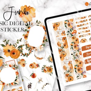 Op de afbeelding: Een digitale stickerset met aquarel illustraties van oranje en gele bloemen, bladeren en takken. De stickers omvatten verschillende vormen, maten en ontwerpen, waaronder cirkels, vierkanten, rechthoeken en banners. De tekst "Junke BASIC DIGITAL STICKER" is zichtbaar bovenaan de afbeelding.