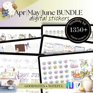 Peut inclure: Ensemble d'autocollants numériques pour avril, mai et juin, avec un kit mensuel de plus de 1350 autocollants. L'image présente des autocollants numériques sur les thèmes floral et calendrier, pour la planification numérique.