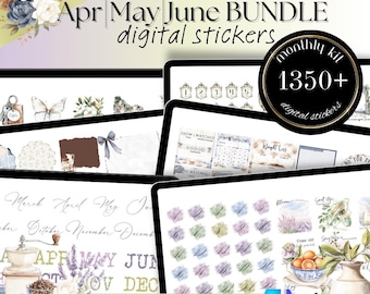 April, May, June GoodNotes Noteful Digital Sticker bundle, spring, coffee summer monthly sticker pack, memo and motivation quotes, cliparts