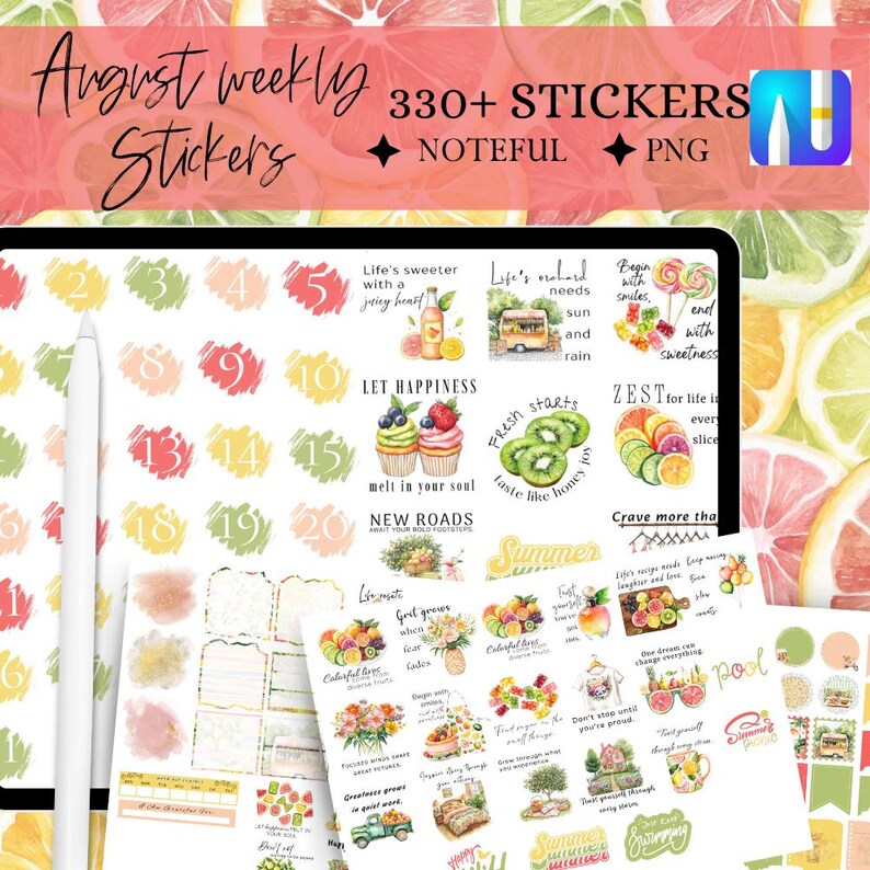 August NOTEFUL DIGITAL STICKERS, Digital Stickers Monthly, Summer Fruit ...
