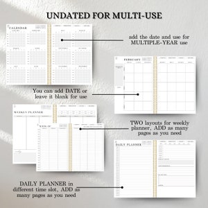 K&ouml;nnte beinhalten: Ein Satz undatierter Planerseiten mit einer goldenen Spiralbindung. Die Seiten beinhalten Kalender-, Wochenplaner- und Tagesplanerlayouts. Der Text "UNDATED FOR MULTI-USE" befindet sich oben im Bild. Der Text "You can add DATE or leave it blank for use" befindet sich unter dem Kalender. Der Text "add the date and use for MULTIPLE-YEAR use" befindet sich rechts im Bild. Der Text "TWO layouts for weekly planner, ADD as many pages as you need" befindet sich unter dem Monatskalender. Der Text "DAILY PLANNER in different time slot, ADD as many pages as you need" befindet sich unter dem Wochenplaner. Der Text "DAILY PLANNER" befindet sich oben auf der Seite des Tagesplaners.