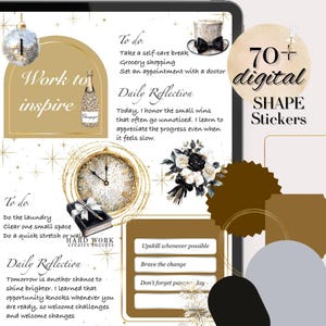 Puede incluir: Planificador digital con detalles dorados y blancos, con texto como "Work to inspire" y "70+ pegatinas de formas digitales". Incluye arreglos florales, una botella de champán y un reloj. El planificador está diseñado para ayudar a organizar tareas y reflexiones diarias.