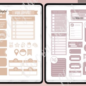 Pode incluir: Um conjunto de adesivos digitais imprim&iacute;veis para viajantes. Os adesivos s&atilde;o em um esquema de cores marrom claro e rosa e apresentam &iacute;cones e texto com tema de viagens, como "Bon Voyage", "A jornada come&ccedil;a aqui", "Boa viagem" e "Roteiro de viagem".