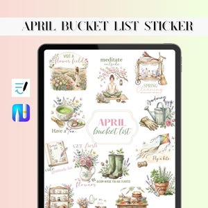 May include: A digital sticker sheet with the text "APRIL BUCKET LIST STICKER". The sheet features watercolor illustrations of spring activities, including visiting a flower field, meditating, gardening, and flying a kite. The color palette includes pastels and earth tones.