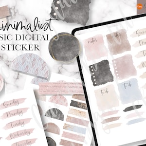May include: A digital sticker set with a minimalist aesthetic. The stickers feature a variety of shapes, including circles, squares, and rectangles, in shades of pink, gray, and beige. The stickers also include text elements, such as "Sunday", "Monday", "Tuesday", "Wednesday", "Thursday", "Friday", "Saturday", "Chill Day", "To Do", and "Notes".
