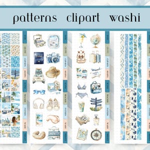 May include: A collection of travel-themed digital stickers and washi tape. The stickers include illustrations of a passport, camera, luggage, and other travel essentials. The words "patterns," "clipart," and "washi" are at the top.