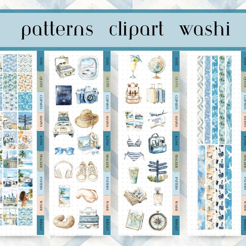 May include: A collection of travel-themed digital stickers and washi tape. The stickers include illustrations of a passport, camera, luggage, and other travel essentials. The words "patterns," "clipart," and "washi" are at the top.
