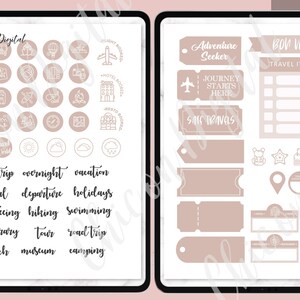 Pode incluir: Uma p&aacute;gina de planejador digital com um esquema de cores rosa e branco. O lado esquerdo apresenta uma cole&ccedil;&atilde;o de &iacute;cones com tema de viagens em c&iacute;rculos. O lado direito apresenta um itiner&aacute;rio de viagem com uma lista de itens e uma se&ccedil;&atilde;o para notas. O texto "Bon Voyage" e "Itiner&aacute;rio de viagem" est&aacute; inclu&iacute;do.