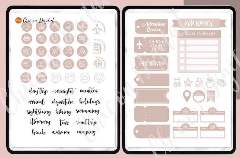 Pode incluir: Uma p&aacute;gina de planejador digital com um esquema de cores rosa e branco. O lado esquerdo apresenta uma cole&ccedil;&atilde;o de &iacute;cones com tema de viagens em c&iacute;rculos. O lado direito apresenta um itiner&aacute;rio de viagem com uma lista de itens e uma se&ccedil;&atilde;o para notas. O texto "Bon Voyage" e "Itiner&aacute;rio de viagem" est&aacute; inclu&iacute;do.