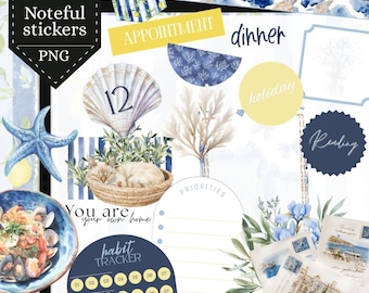 Noteful Summer Seaside Digital Planner Stickers: Pre-cropped PNG GoodNotes Noteful Sticker bundle, June July monthly pack 26BKG7