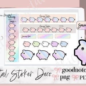 May include: Digital stickers for Goodnotes featuring a piggy bank theme. The stickers are in a rainbow color scheme with a pink, green, white, purple, and blue color palette. The stickers include a piggy bank tracker, a goal tracker, and a saving goal banner.