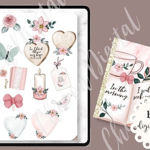 May include: A digital sticker book with a pink and green color scheme. The stickers feature hearts, flowers, butterflies, a candle, a bird, a book, and a teacup. The text "In the morning I will seek..." is on the book. The text "FREE digital sticker book" is on a white circle with a pink bow.