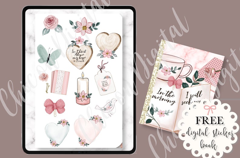 May include: A digital sticker book with a pink and green color scheme. The stickers feature hearts, flowers, butterflies, a candle, a bird, a book, and a teacup. The text "In the morning I will seek..." is on the book. The text "FREE digital sticker book" is on a white circle with a pink bow.