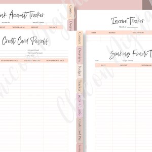May include: A printable budget tracker with sections for bank account, income, credit card payoff, and sinking funds. The tracker is designed with a pink and white color scheme and includes headings for each section.