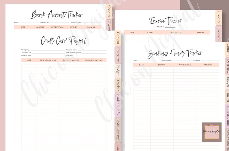 May include: A printable budget tracker with sections for bank account, income, credit card payoff, and sinking funds. The tracker is designed with a pink and white color scheme and includes headings for each section.