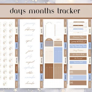 May include: A digital days months tracker planner set featuring four vertical panels with tabs labeled date, quote, cliparts, shapes, icons, tracker, pattern, washi, and widget. The design includes monthly lists, habit trackers, and text labels.