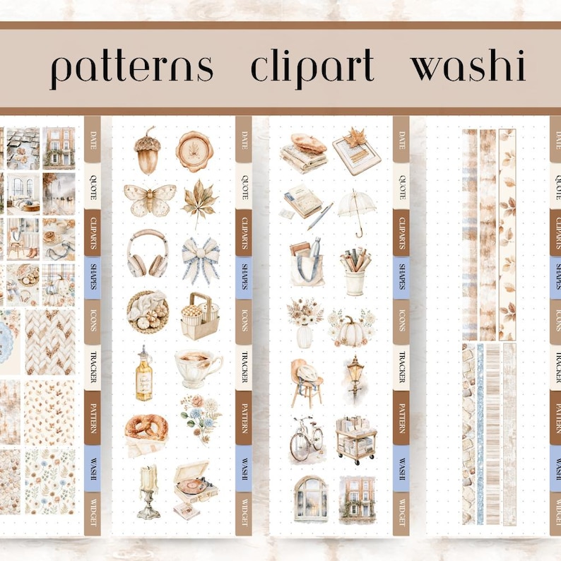 May include: A digital sticker sheet featuring the text patterns clipart washi at the top. The sheet contains various watercolor illustrations including an acorn, butterfly, headphones, bow, coffee cup, pretzel, candle, books, umbrella, pumpkin, bicycle, and decorative washi tape strips.