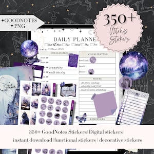 May include: A set of 350+ digital stickers for GoodNotes, featuring a witchy theme with purple, black, and white colors. The stickers include a variety of designs, such as moons, stars, crystals, and a witch's hat. The text "350+ Witchy Stickers" is visible in the image.