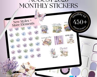 August 2026 GoodNotes Noteful Digital STICKERS, lavender field digital sticker Bundle, summer garden stickers for scrapbooking  26MTAUGUST